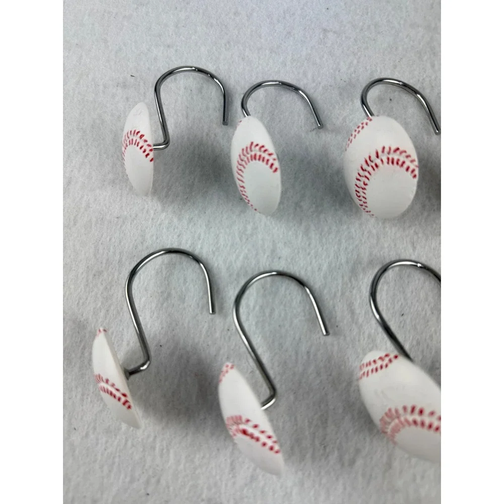 Set of 12 Baseball Shower Curtain Hooks White Red Stitching Sports Theme Decor